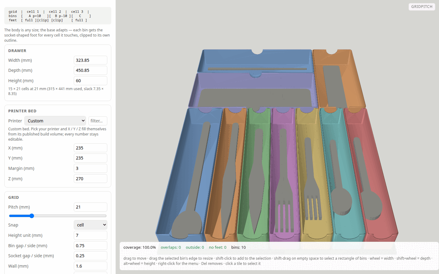 The Gridpitch studio: the settings panel on the left and, in the 3D view, a cutlery drawer on a 21 mm grid filled edge to edge with ten bins, each sized to the spoon, fork, knife, scissors or chopsticks it holds.